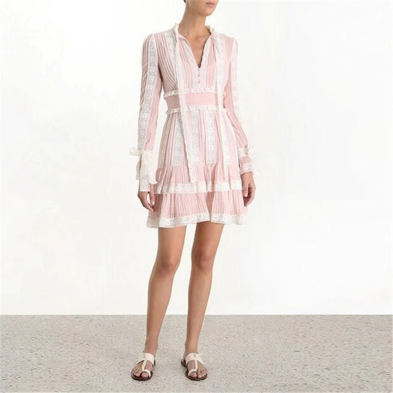 Осень 2019 мини платье сексуальное розовое кружевное знаменитостей с v образным