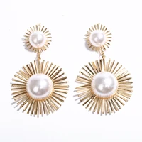 retro gold leaf metal earrings womens fashion geometric punk pendant round pearl earrings womens party manifesto jewelry gifts
