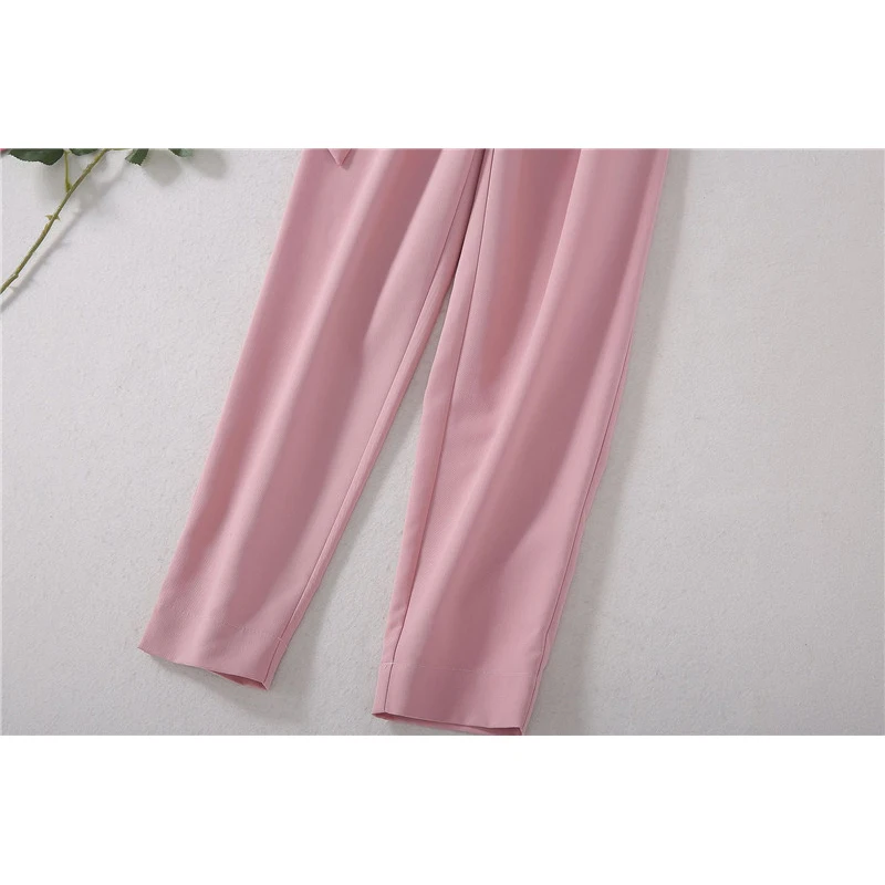 

2020 Summer New Designer Runway Women Jumpsuit Elegant Short Sleeve Solid Pink Long Pants Office Rompers Womens Jumpsuits