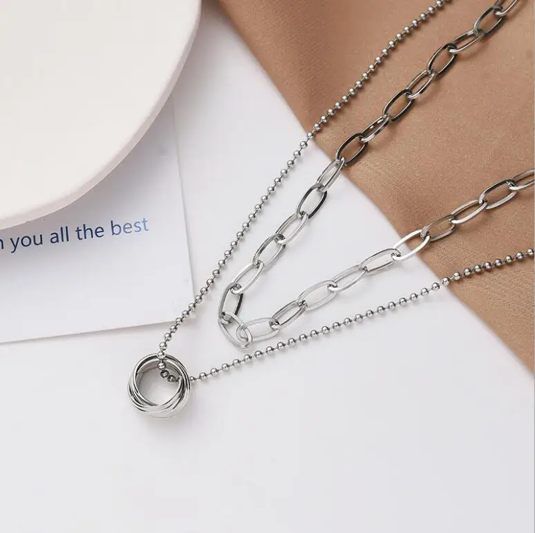 Женское Двухслойное ожерелье из нержавеющей стали колье с круглым кулоном