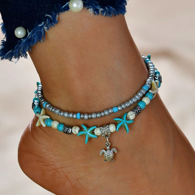 Браслеты на ногу Многослойные женские винтажные анклеты с бусинами ракушки