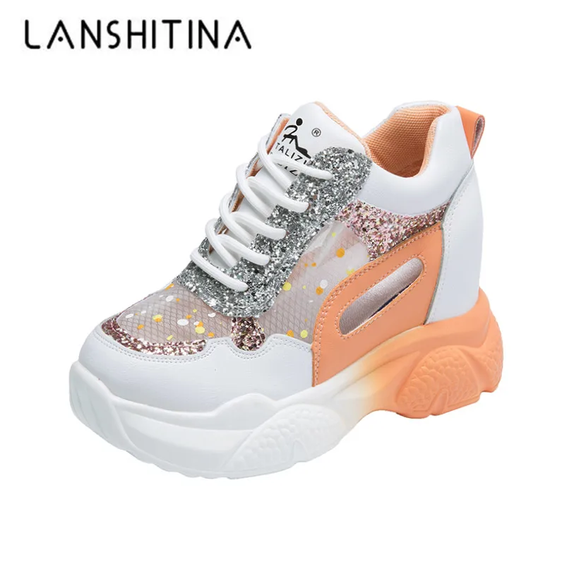 

Chunky Summer Sneakers Women 2020 Thick Sole Platform Vulcanize Shoes Woman Casual 6cm Breathable Leather Shoes Bling High Heels