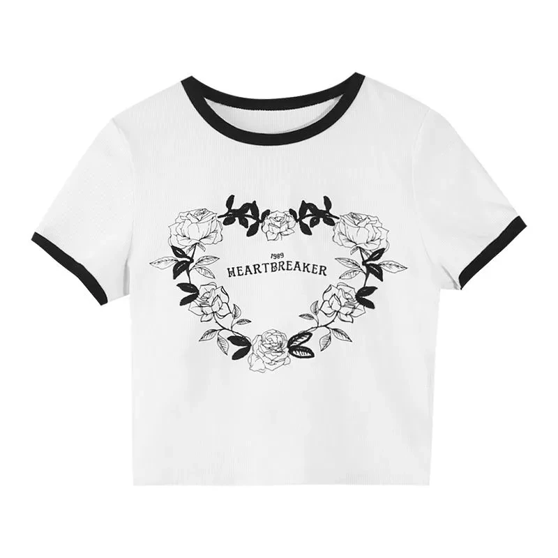 

y2k High Street Letter Cartoon Print Women Short Slim Sexy Women Top Short Sleeve T-Shirt Oversize Top O-Neck Clothes vintage