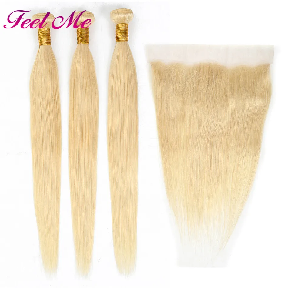 Блонд 613 пучки с фронтальной бразильской прямой закрытием 13*4 Remy мед блонд |