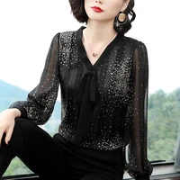 womens spring autumn style chiffon blouses shirt womens polka dot v neck long sleeve bow loose casual tops dd9004