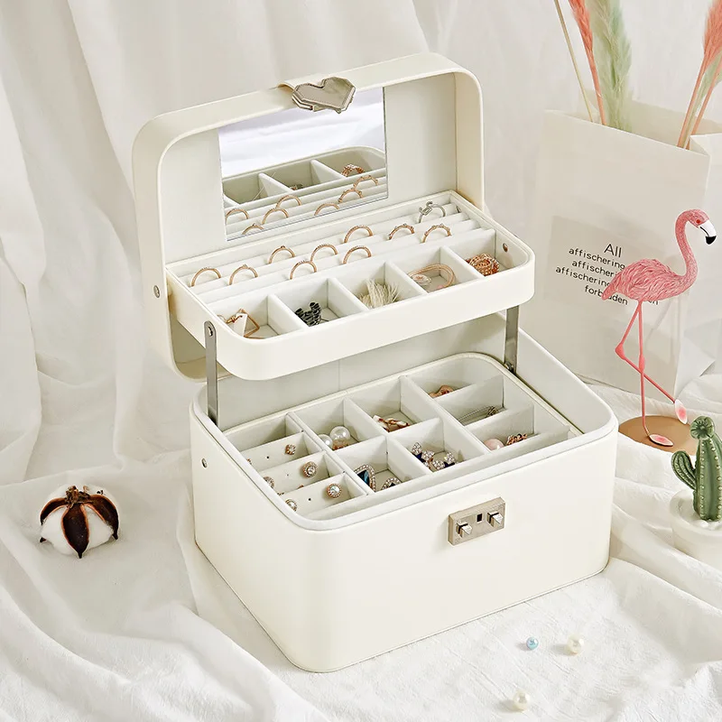 

Travel Exquisite Makeup Jewelry Box Large Capacity Women PU Necklace Rings Earrings Packaging Display Organizer Accessories