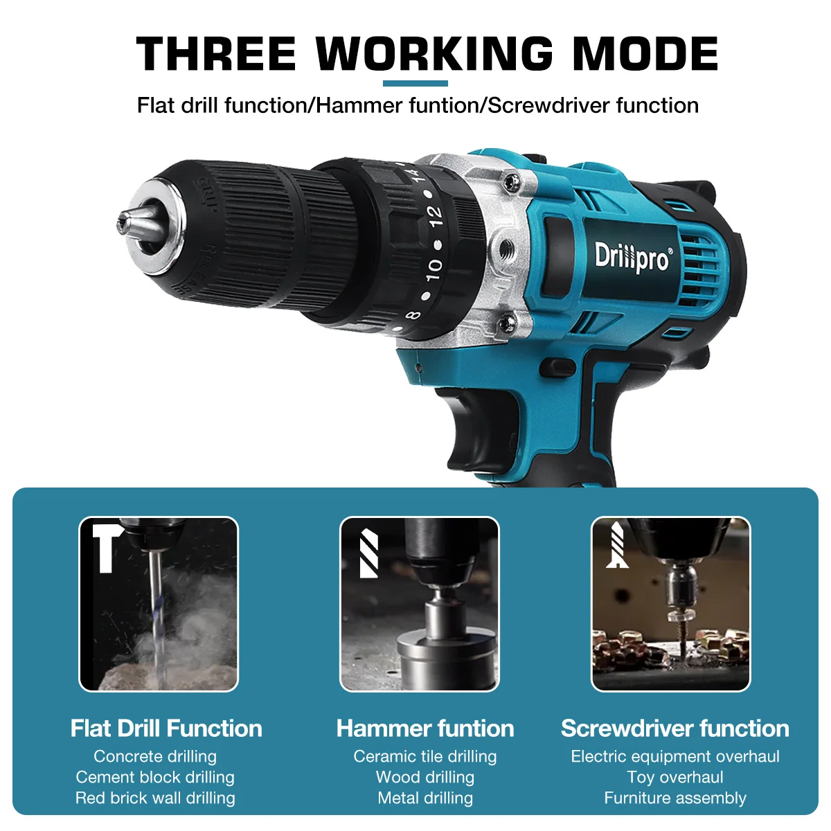 Беспроводная электрическая дрель Drillpro 3 в 1 двухскоростная ударная отвертка