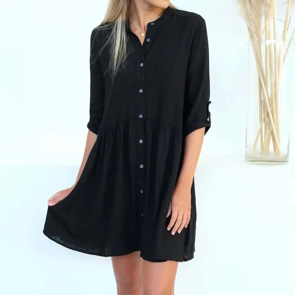 Повседневные платья рубашки для женщин однотонные с пуговицами рюшами длинными