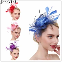 janevini fashion women hat headpiece fascinator flower feather blue wedding hats cocktail tea party hair clip white haarschmuck
