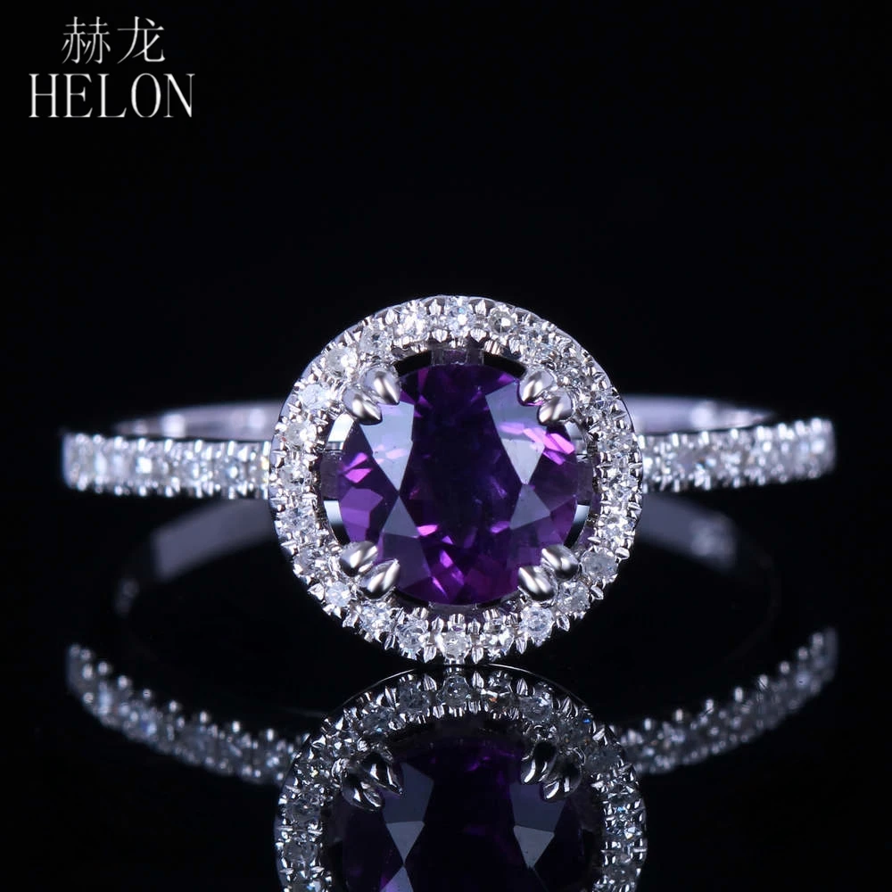 

HELON Solid 14K White Gold 6.5mm Round Genuine Amethyst & Diamonds Engagement Wedding Ring Women Birthday Anniversarry Best Gift
