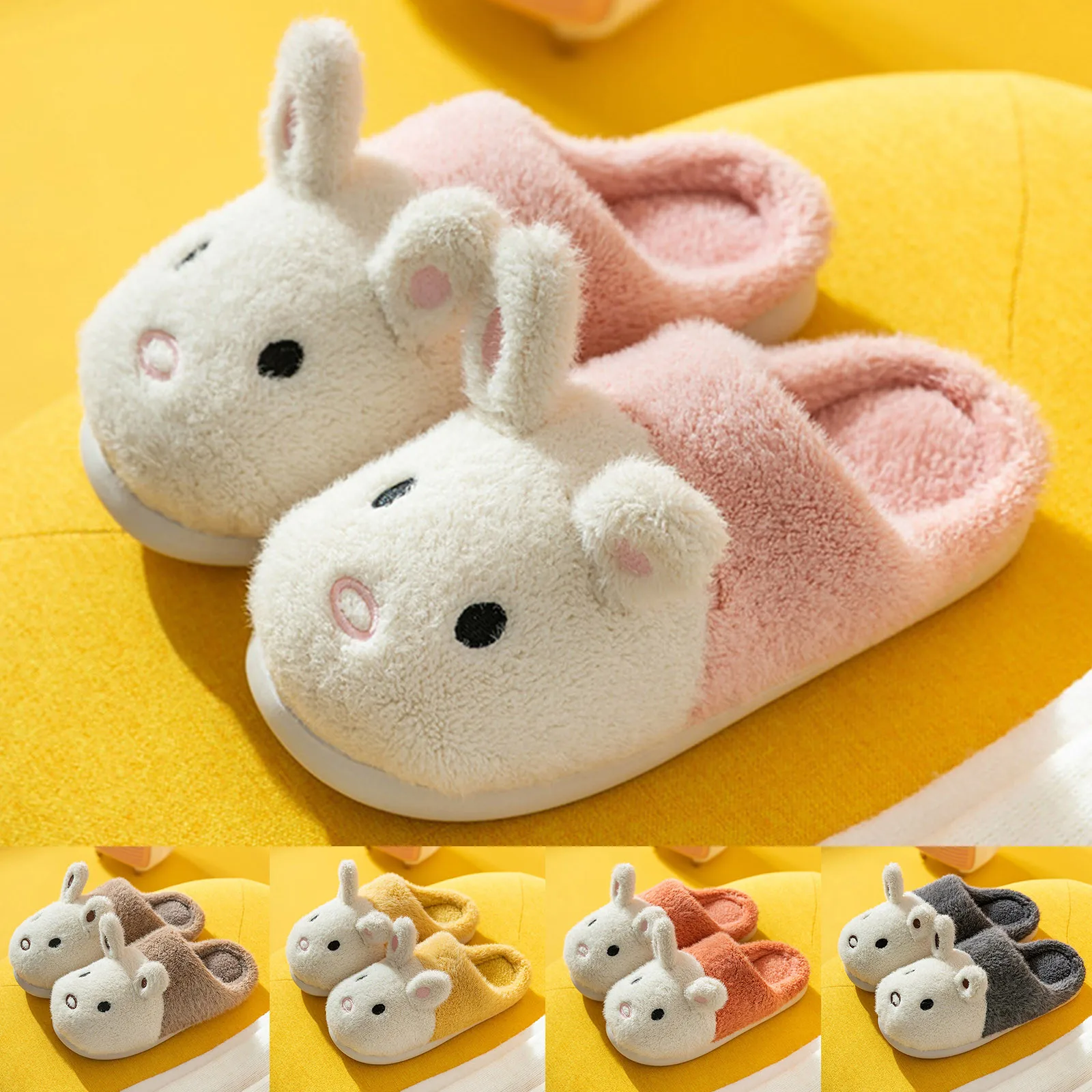 

Симпатичные Мультяшные женские тапочки с кроликом, зимние теплые плюшевые сланцы для дома, мягкие уличные и комнатные Нескользящие хлопков...