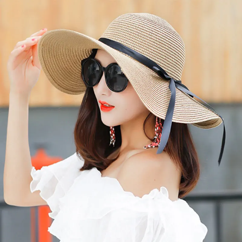 Летняя женская шляпа от солнца с большими широкими полями черная пляжная бантом