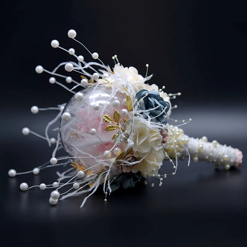 Kyunovia Dried Hydrangea Flower InTransparent Balls Pearl Bouquet Golden Leaf Bride Wedding Bouquet ramos gold de damas BY46
