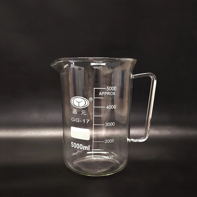 

With handle beaker in low form,Capacity 5000ml,Outer diameter=170mm,Height=270mm,Laboratory beaker with handle