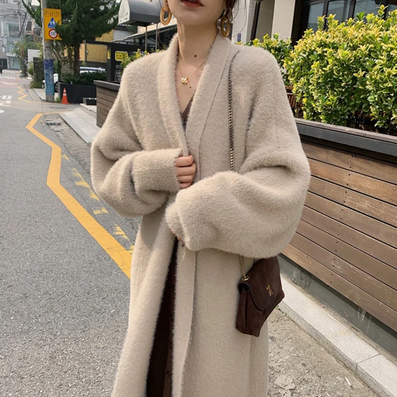 

2021 autumn and winter new imitation mink medium length sweater women's loose lazy style knitted cardigan
