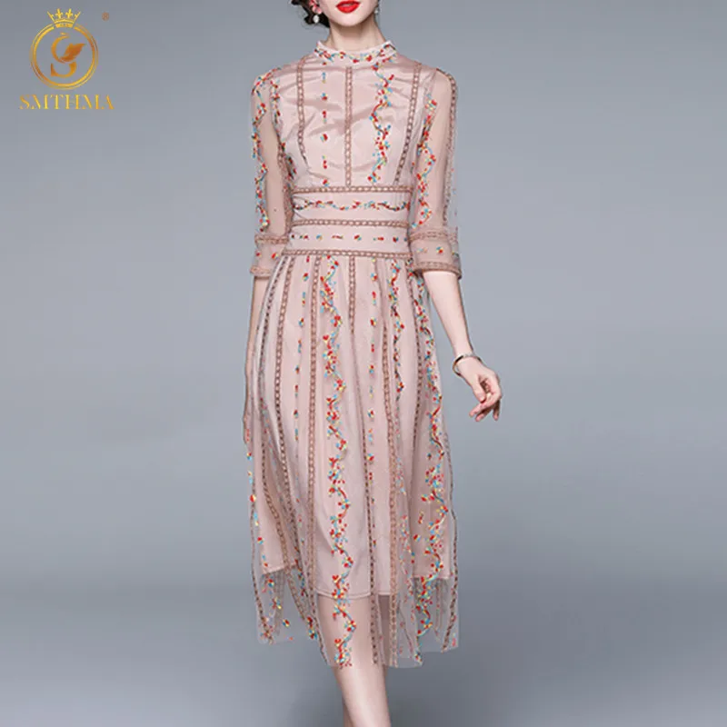 

SMTHMA New Fashion Designer Runway Dress Autumn Women's Half Sleeve Mesh Embroidery Flowers Holiday Elegant Midi Dress