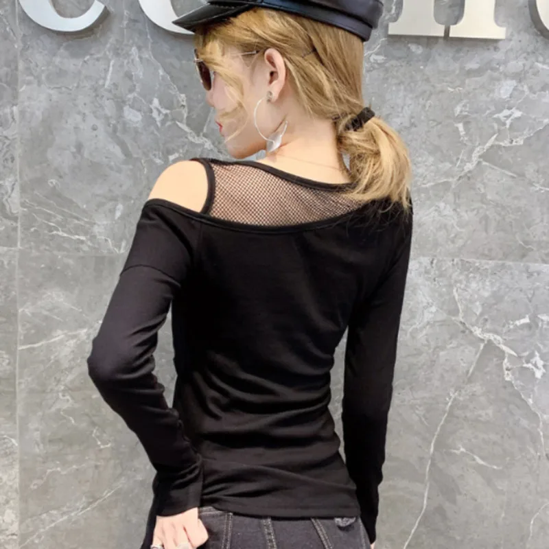 3726 Black Long Sleeve T Shirt Women One Shoulder Tops Spliced Ruffles Slim Stretch Sexy Nightclub Top Female Mesh Round Neck