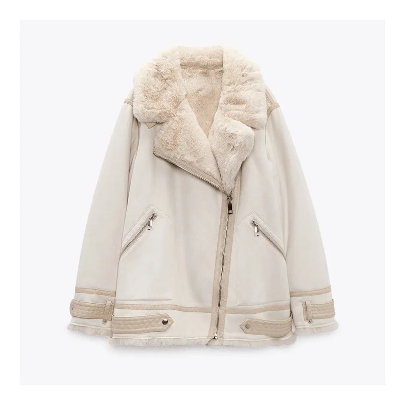 

2022 New Faux Leather Suede Jacket Women Thick Warm Faux Rabbit Fur Winter Coat Female Zipper Lapel Loose Motorcycle Outwear