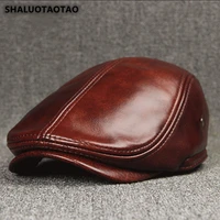 shaluotaotao trend genuine leather hat winter mens fashion cowhide leather berets earmuffs thermal leisure snapback brand caps