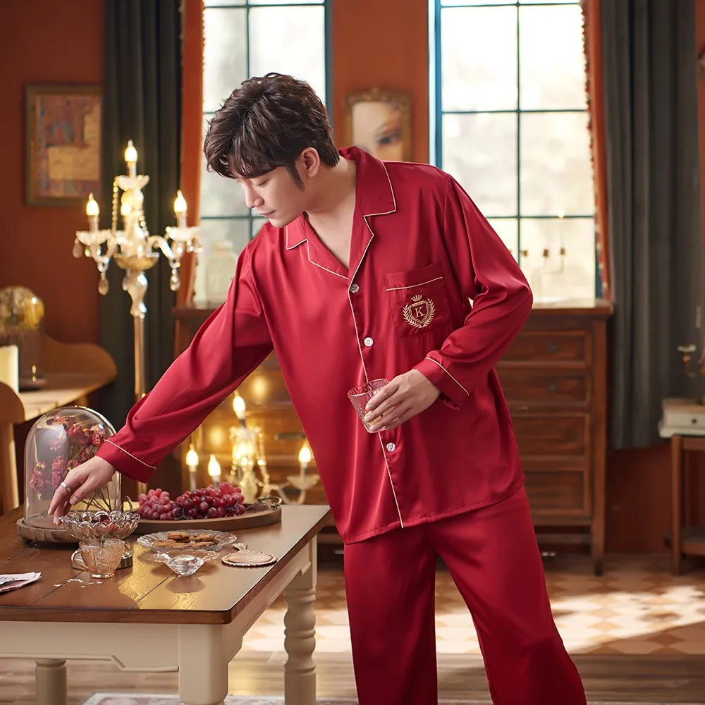 

Turn-Down Collar Shirt&Pant Spring Satin Men Pajams Set 2PCS Sleepwear Long Sleeve Loose Casual Plus Size Pijamas Suit 2XL 3XL