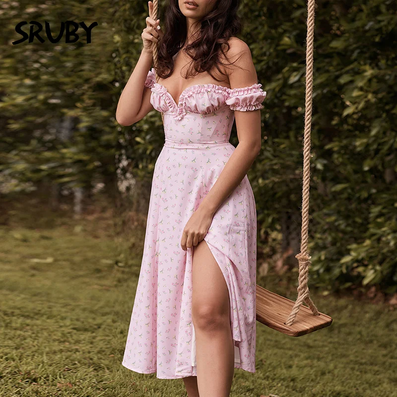 

SRUBY Pink Off The Shoulder Midi Dress Summer Floral Side Open Vacation Holiday Outfit Short Sleeve Sexy Sundress 2020