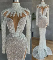 2021 white arabic split prom dresses luxury beading sequined high neck long sleeve women plus size formal evening gowns