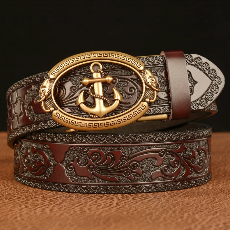 

2021 cowhide automatic buckle men's belt personality anchor casual belt fashion Tang grass pattern trousers men