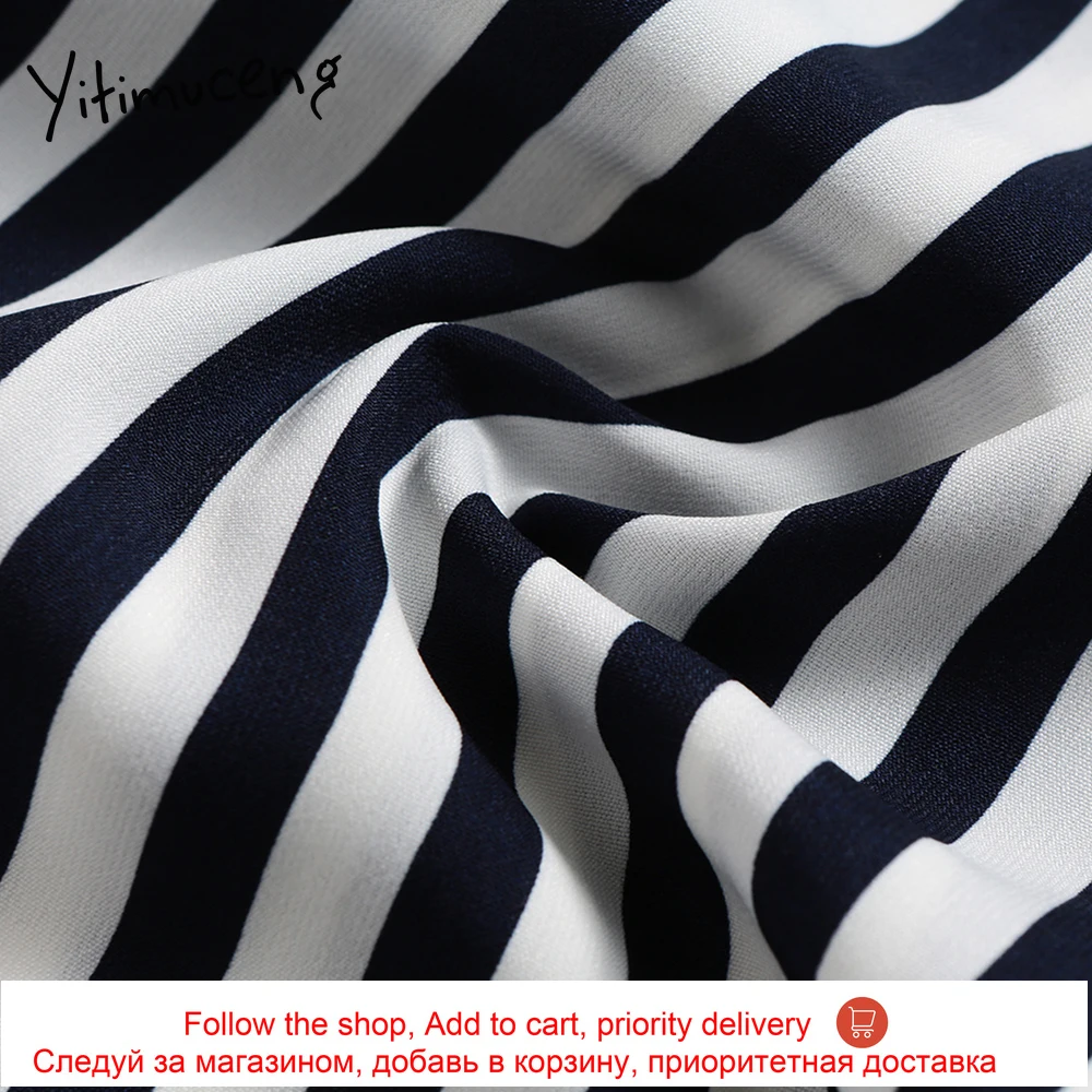 

Yitimuceng new wide leg pants for women 2020 sashes loose high waist female elegant fashion stripe pants trousers women blue