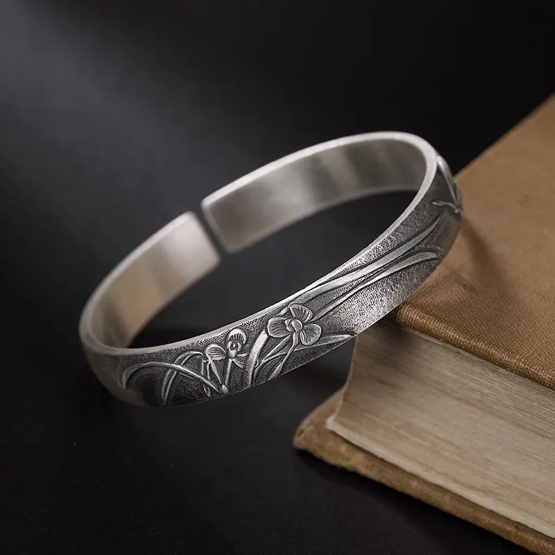 Beste 999 Sterling Zilver Retro Orchidee Nationale Stijl Armband Vrouwen Effen Mond Zilveren Armband Dag Gift Moeder Aan Moeder