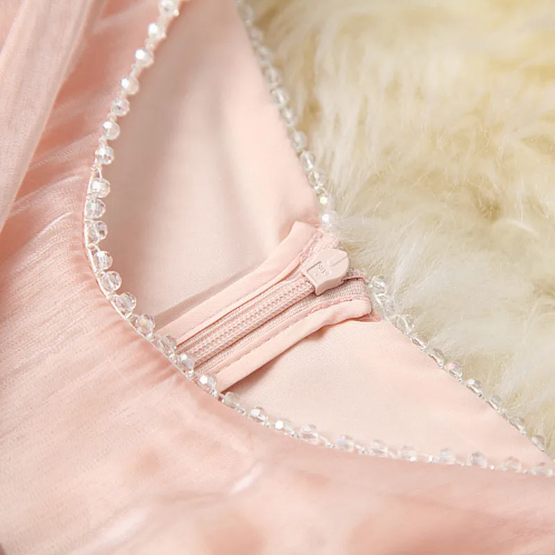 

Women's Clothing 2021 New Designer Elegant Lantern Sleeves Pearls Bowknot Sweet Pink Party Dresses for Summer Midi Organza Robe