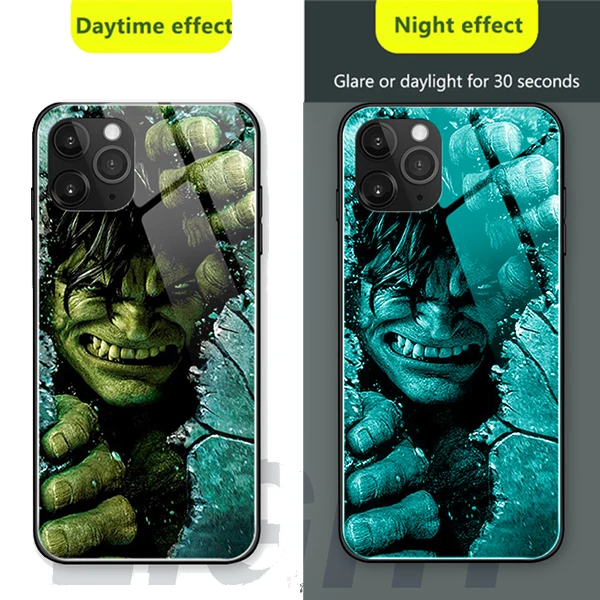 Marvel Человек-паук Бэтмен световой Стекло чехол для iPhone XR XS MAX 7 6 8 плюс Черная пантера Железный человек чехол телефона для iPhone X 10 - Цвет: Hulk