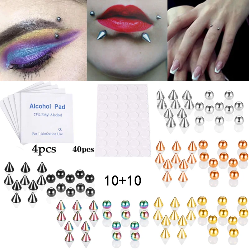 Stainless Steel Fake Piercing Stud Set Fake Nose Ring Stud  Sticker Pack Fake Eyebrow Lip Piercing Non Piercied Earring Stud Lot