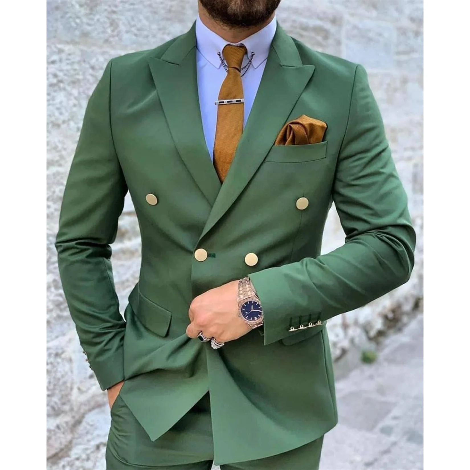 

Men's Suits 2 Pieces Royal Green Men Double Breasted Jacket+Pant Custom Made Formal Wedding Metal Button Fit Slim Party Suit