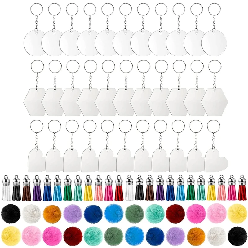 

24 Pcs DIY Crafts Acrylic Leather Tassel Keychain Set Round Shape Keychain Blank