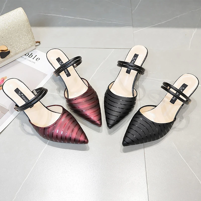 

2020 Fashionable knitted hollow pointed square heel Skin-friendly elegant women shoes spring new ladies slippers outside U30-35