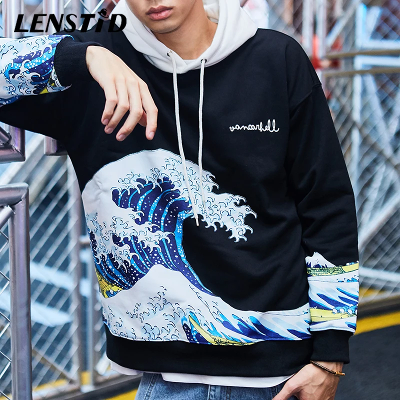 LENSTID хип хоп японский стиль с волнистым принтом Толстый Пуловер толстовки Harajuku 2019