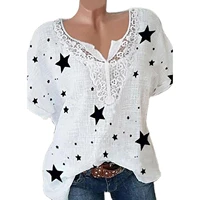 2021 fashion new womens summer hot sale lace stitching five pointed star psrinting v neck short sleeved shirt