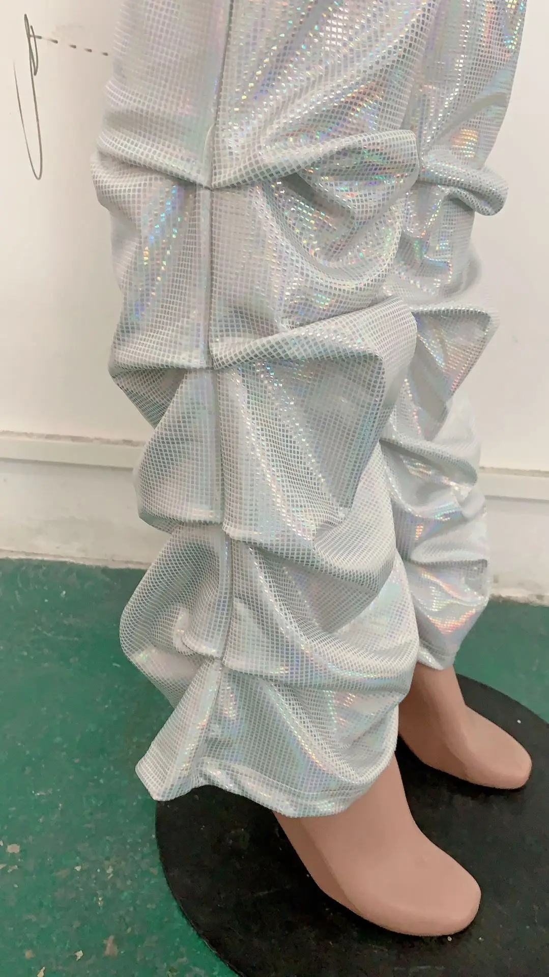 

HAOOHU Sexy Bell Bottom Pants Women Rave Club Bright Shines Fashion Ruched Bodycon Flare Pants High Waist Stretch Trousers