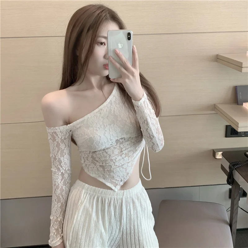 

Sexy sloping shoulder lace irregular long-sleeved top fairy strapless folds slim slimming T-shirt top