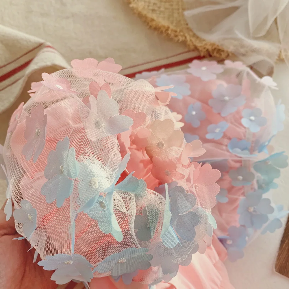 

Girls' three-dimensional flowers pink cute mesh puff sleeve dress sweet mesh dress summer girls clothes