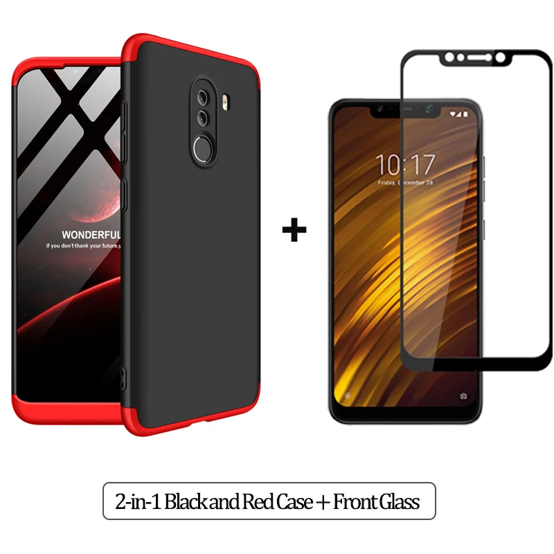 2-in-1BlackRed Case 3-в-1 Стекло+ бронированный чехол для телефона xiaomi pocophone F1 case 360 Жесткий ПК анти-противоударный бампер чехол pocofone f1 оригинальным стеклянным корпусом xiaomi pocophone f1 чехол на Покофон Ф1 чехол - Цвет: 2-in-1BlackRed Case