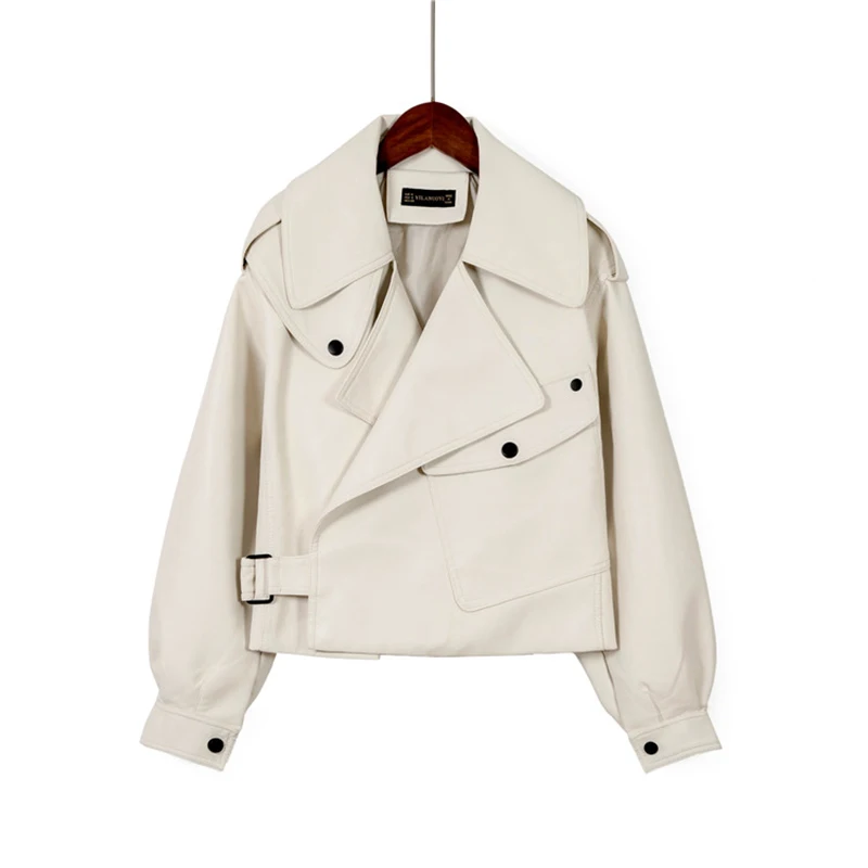 Куртка женская из искусственной кожи с отложным воротником мотоциклетная