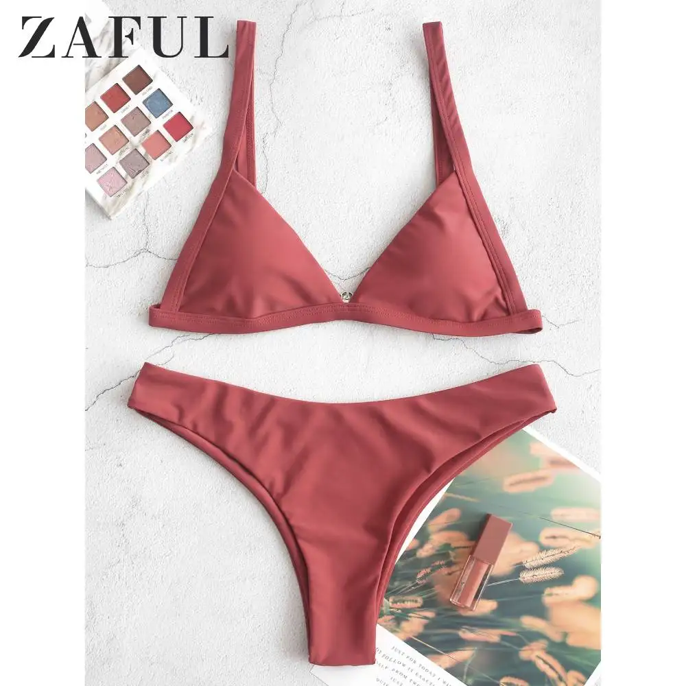 ZAFUL базовое однотонное бикини с высоким вырезом купальник для женщин без