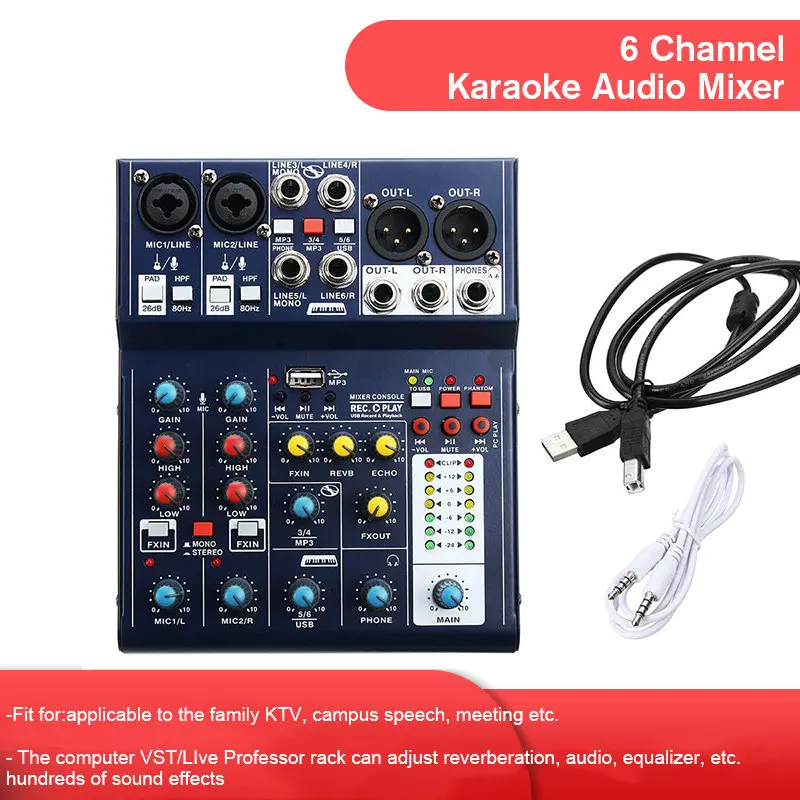 LEORY A6 48В Phantom 6-канальный микшерный пульт USB запись звуковая карта компьютер аудио