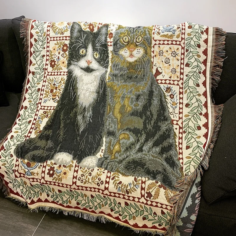 

Cute Cat Sofa Throw Retro Home Bedroom Pet Blanket Thick Floor Carpet Cloth Knit Blanket for Bed Decorative Throw Blanket