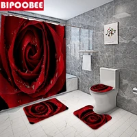 Red Rose Shower Curtain Floral Water Drops Flowers Bath Mats Rugs Bathroom Curtains Non-slip Carpet Floor Mat Toilet Lid Cover