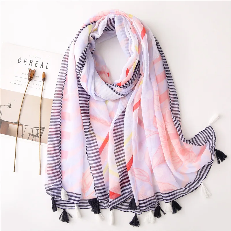 

Women Floral Print Striped Scarf with Tassels Girls Spring Summer Tropical Plant Printed Scarf Cape Shawl Wrap Flower Scarf
