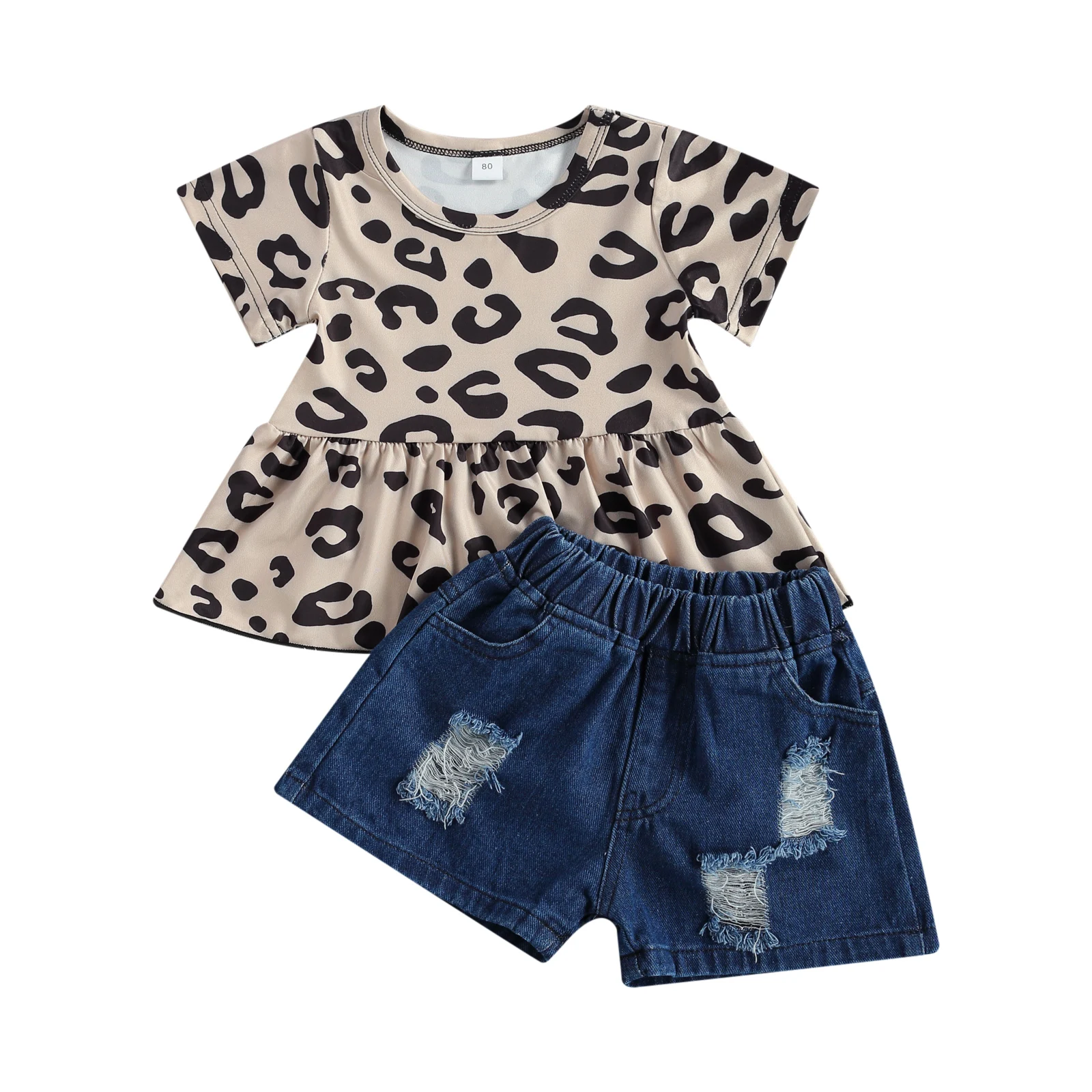 

Комплект из 2 предметов, Детская рубашка с круглым вырезом и леопардовым принтом, топы с оборками и джинсовые шорты для детей