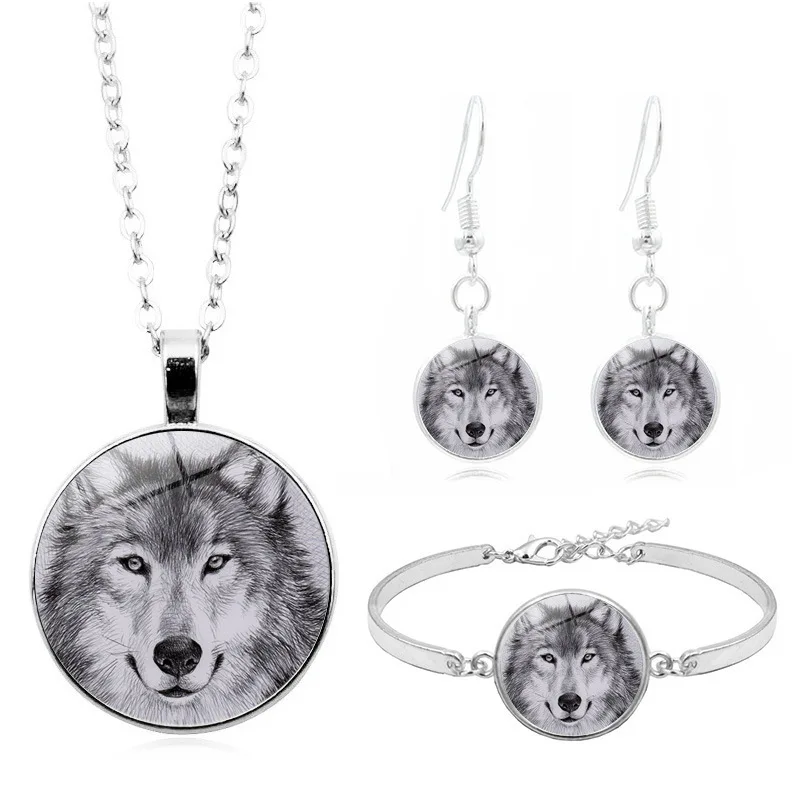 

Wicca Wolf Head Art Photo Jewelry Set Cabochon Glass Pendant Necklace Earring Bracelet Totally 4 Pcs for Women's Fashion Gifts
