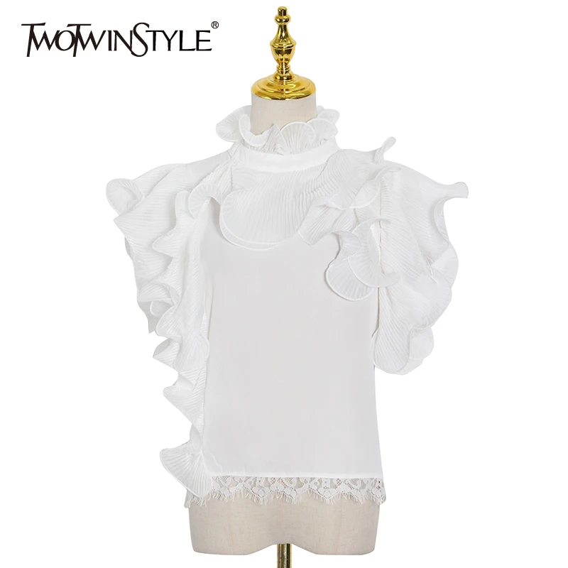

TWOTWINSTYLE Patchwork Lace Ruffle Shirt For Women Stand Collar Short Sleeve Casual White Blouse Female Fashion New Clothing